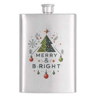 Festive Merry and Bright Christmas Tree Design Hip Flask