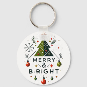 Festive Merry and Bright Christmas Tree Design Key Ring