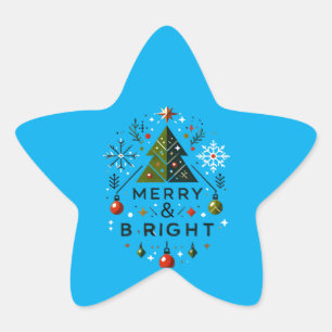 Festive Merry and Bright Christmas Tree Design Star Sticker
