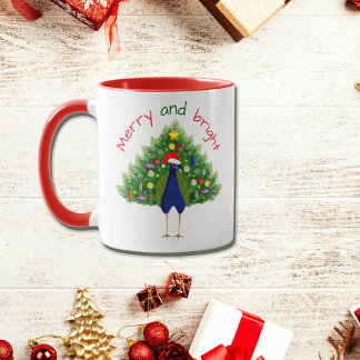 Festive Merry and Bright Christmas Tree Peacock Mug