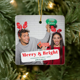 Festive Merry And Bright Script photo Christmas  Ceramic Ornament
