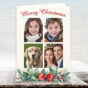 Festive Merry Christmas 4 Photo Collage Holiday Card