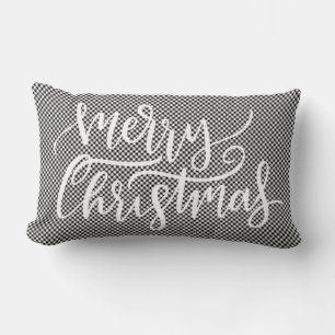 Festive Merry Christmas Black White Gingham Plaid Lumbar Cushion
