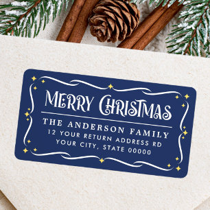 Festive Merry Christmas blue white return address Label