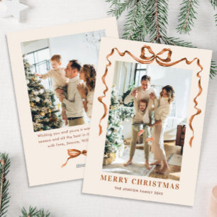 Festive Merry Christmas Boho Bow Ribbon 2 Photo Holiday Card