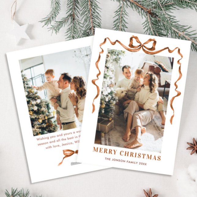Festive Merry Christmas Boho Bow Ribbon 2 Photo Holiday Card (Creator Uploaded)