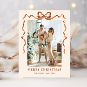 Festive Merry Christmas Boho Bow Ribbon 2 Photo Postcard