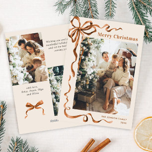 Festive Merry Christmas Boho Bow Ribbon 3 Photo Holiday Card