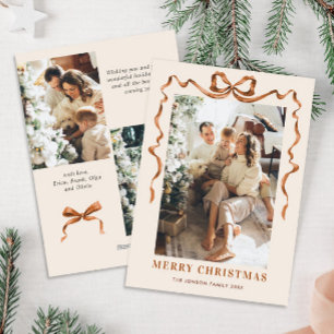 Festive Merry Christmas Boho Bow Ribbon 3 Photo Holiday Card
