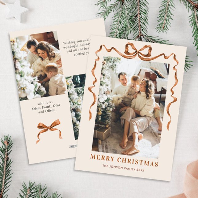 Festive Merry Christmas Boho Bow Ribbon 3 Photo Holiday Card (Creator Uploaded)