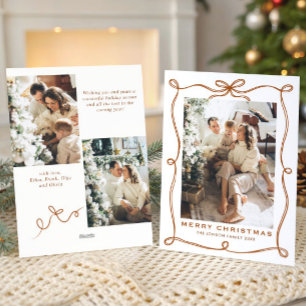 Festive Merry Christmas Boho Bow Ribbon 3 Photo Holiday Card