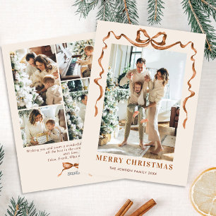 Festive Merry Christmas Boho Bow Ribbon 5 Photo Holiday Card