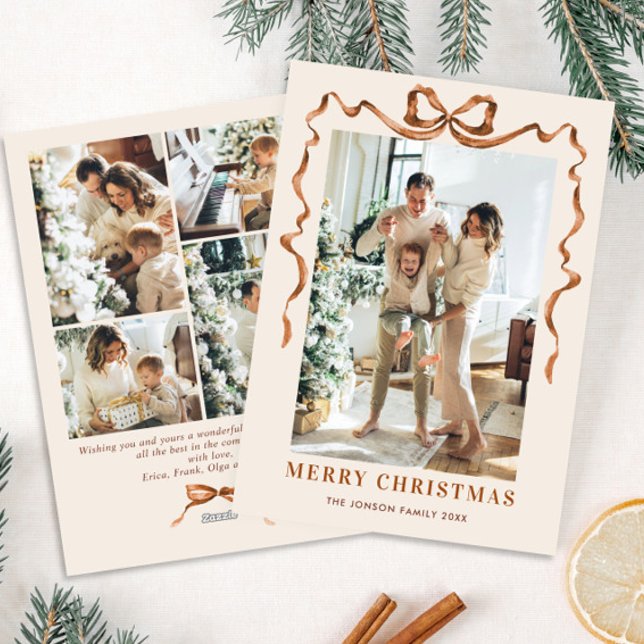 Festive Merry Christmas Boho Bow Ribbon 5 Photo Holiday Card (Creator Uploaded)