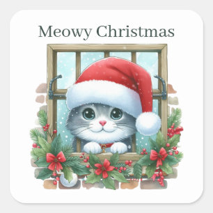 Festive Merry Christmas cat add text Square Sticker