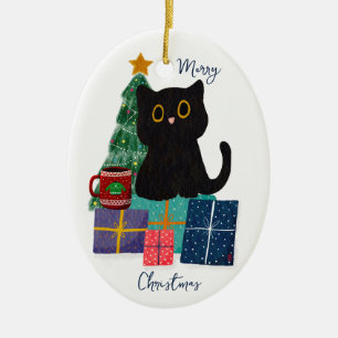 Festive Merry Christmas Cute Black Cat Coffee Art Ceramic Ornament