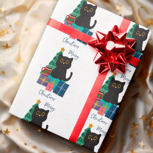 Festive Merry Christmas Cute Black Cat Coffee Art Wrapping Paper