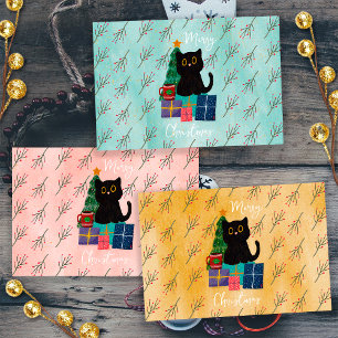 Festive Merry Christmas Cute Black Cat Coffee Art Wrapping Paper Sheet