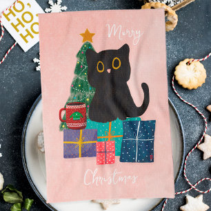 Festive Merry Christmas Cute Black Cat Coffee Pink Tea Towel