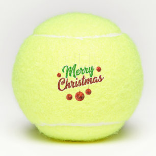 Festive Merry Christmas Decor with Red Ornaments Tennis Balls