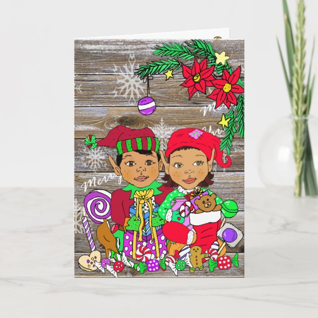 Festive Merry Christmas Ethnic Elves Card (Front)