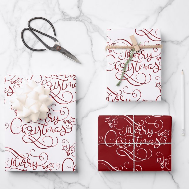 Festive Merry Christmas Fancy Script Red Wrapping Paper Sheet (Front)