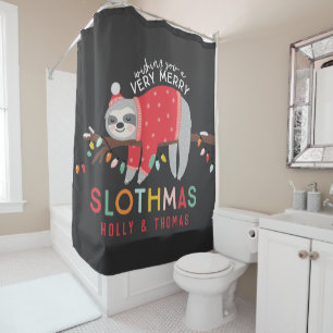 Festive merry christmas fun colorful sloth holiday shower curtain