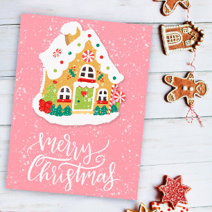 Festive Merry Christmas Gingerbread House Pink Postcard
