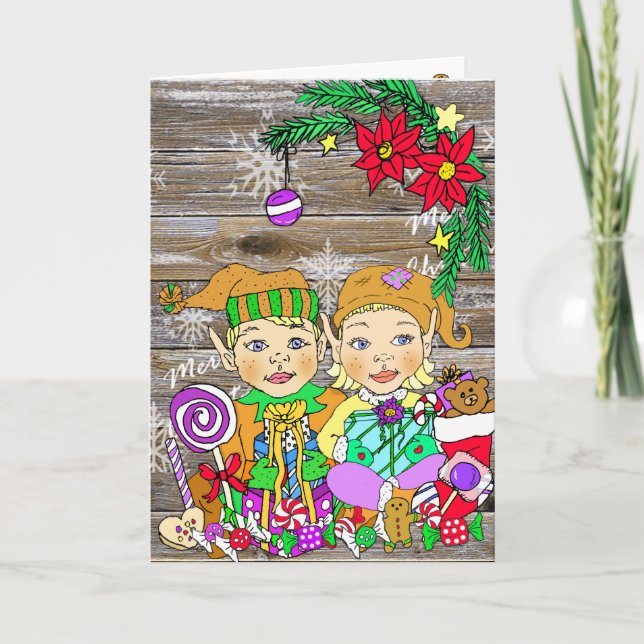 Festive Merry Christmas Girl and Boy Elves Card (Front)