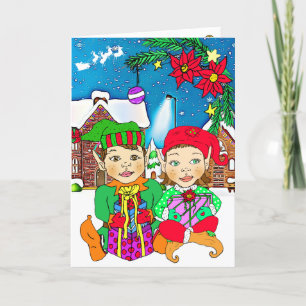 Festive Merry Christmas Girl and Boy Elves Card