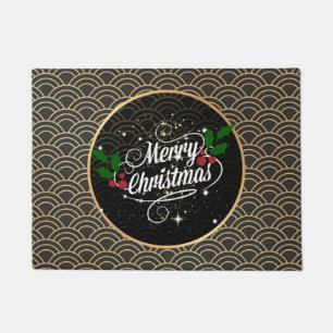 Festive Merry Christmas gold and midnight black Doormat