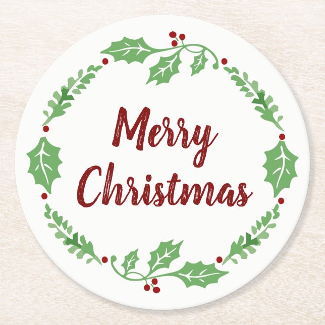 Festive Merry Christmas Holly Wreath Party Coaster (Front)