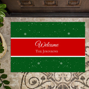 Festive Merry Christmas Last Name Snowflake Throw Doormat