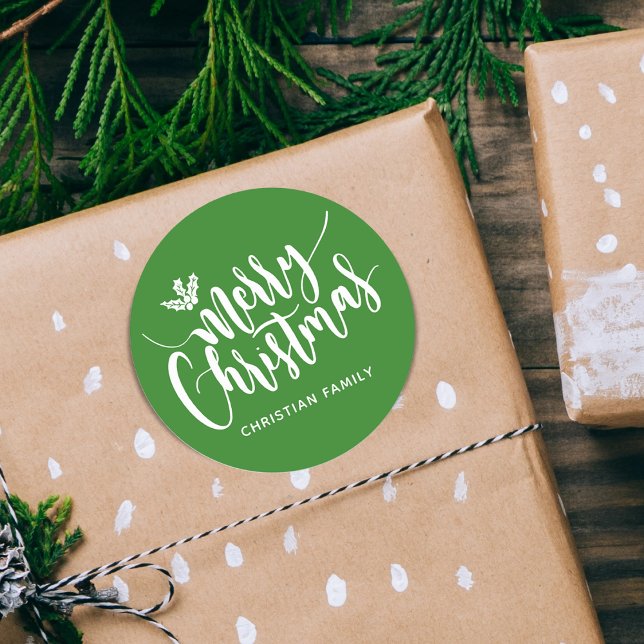 Festive Merry Christmas Personalised Green Classic Round Sticker (Festive Merry Christmas Personalized Classic Round Sticker)