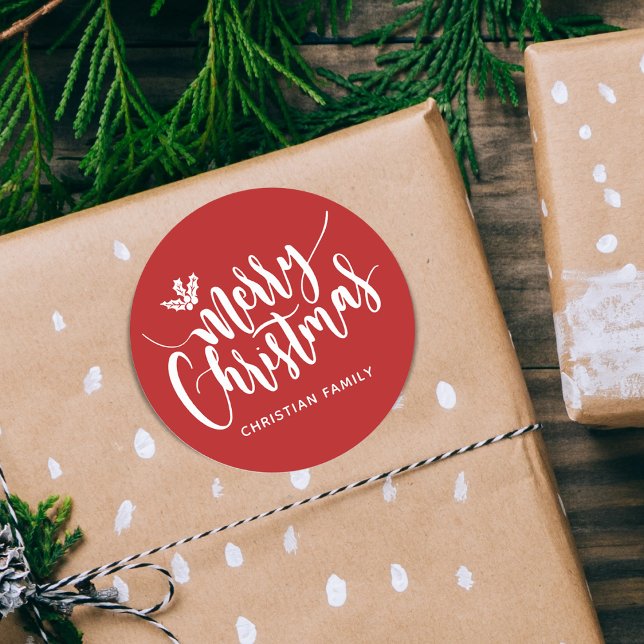 Festive Merry Christmas Personalised Red Classic Round Sticker (Festive Merry Christmas Personalized Red Classic Round Sticker)