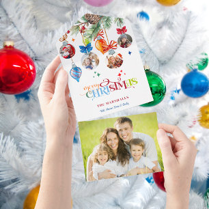Festive Merry Christmas Pine & Baubles 4 Photo All In One Invitation