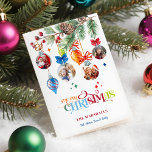 Festive Merry Christmas Pine & Baubles 4 Photo Holiday Card<br><div class="desc">This is a bright, colourful and unique holiday greeting featuring four festive Christmas ornament-shaped photo templates hanging from a watercolor pine branch. Also featured is a cheery multicolored Merry Christmas text graphic in a custom decorative font. Includes editable text fields. The inside features a complementary multicolored Happy Holidays text graphic...</div>