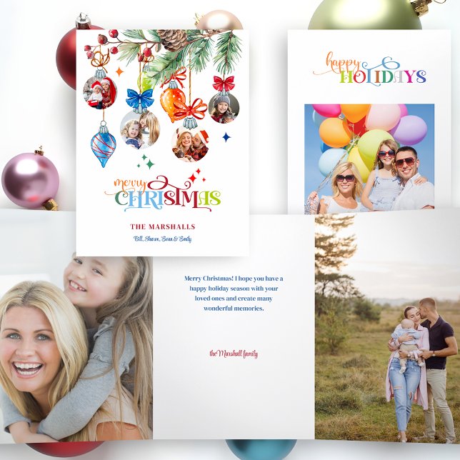 Festive Merry Christmas Pine & Baubles 4 Photo Tri-Fold Card (Creator Uploaded)