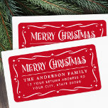 Festive Merry Christmas red white return address Label<br><div class="desc">Red and white or any colour return address labels with the text "Merry Christmas" in a festive font and your return address below surrounded by an ornate border with stars. You can change the background,  border and font colours to any custom colour with the customisation tool.</div>