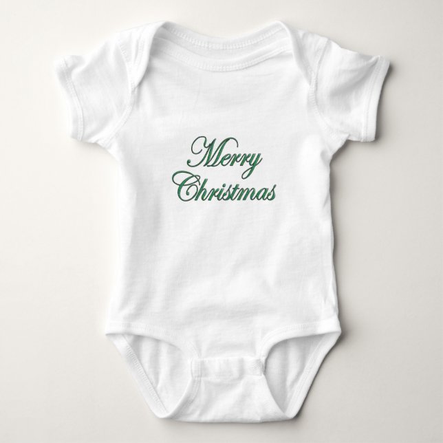 Festive Merry Christmas Script in Green Glitter  Baby Bodysuit (Front)