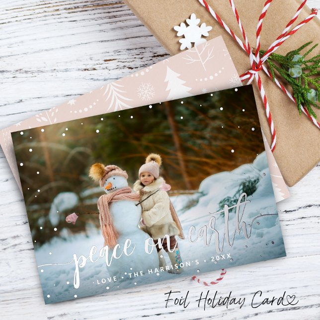 Festive Merry Christmas Silver Snow Photo Foil Holiday Card (Festive Peace on Earth Silver Snow Photo Foil Holiday Card)