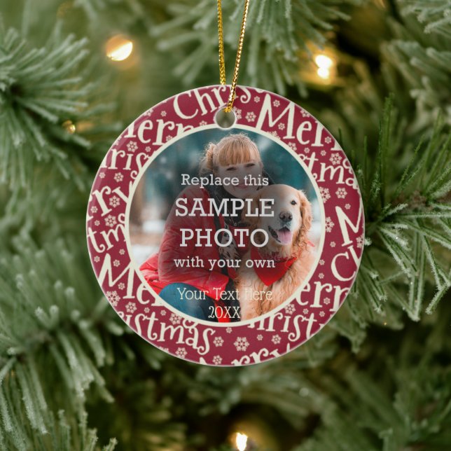 Festive Merry Christmas Snowflake Two Photo Ceramic Ornament (Tree)