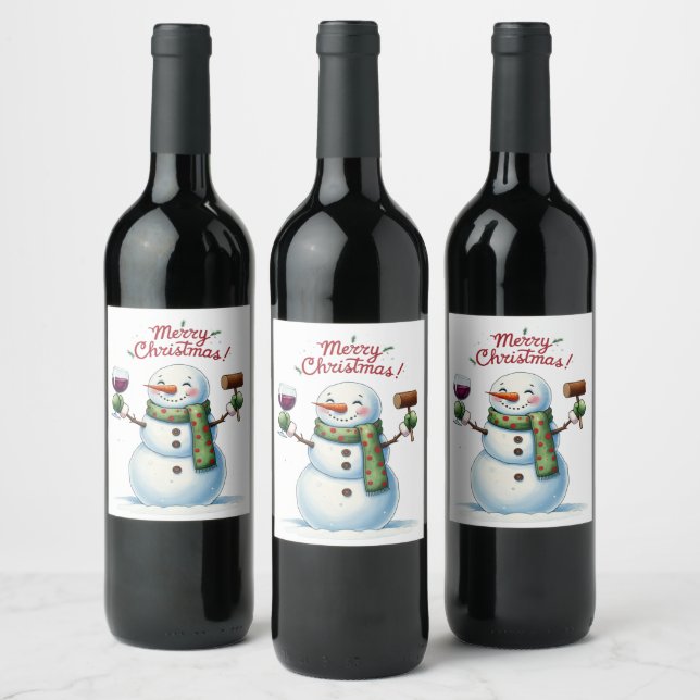 Festive Merry Christmas snowman drinking Wine Label (Bottles)