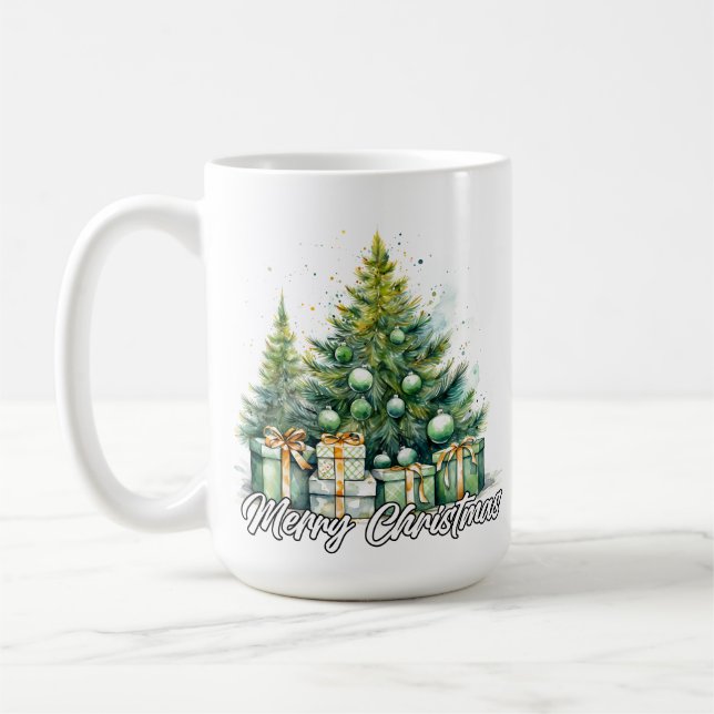 Festive Merry Christmas Tree Happy Holidays Coffee Mug (Left)