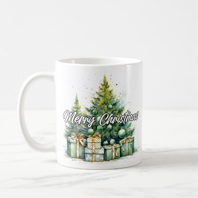 Festive Merry Christmas Tree Happy Holidays Coffee Mug (Left)