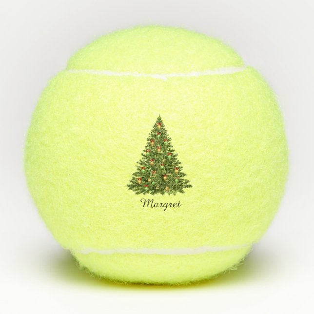 Festive Merry Christmas Tree Personalised Script Tennis Balls (Front)