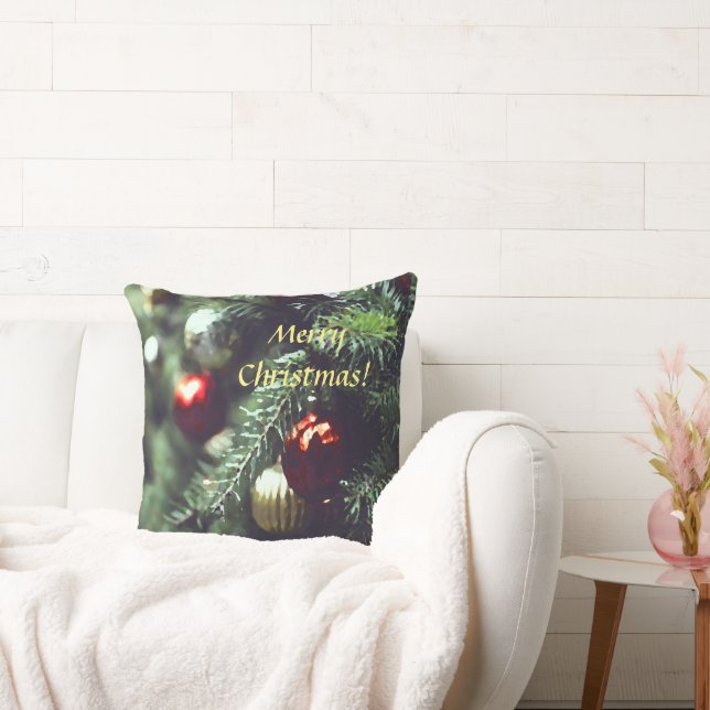 Festive Merry Christmas Tree with Red Ornaments Cushion (Couch)