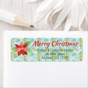 Festive Merry Christmas Watercolor Poinsettia Return Address Label