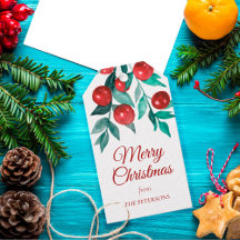 Festive Merry Christmas Watercolor Red Berries