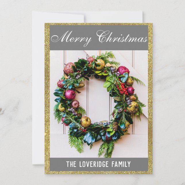 Festive Merry Christmas Wreath Grey & Gold Glitter Holiday Card (Front)