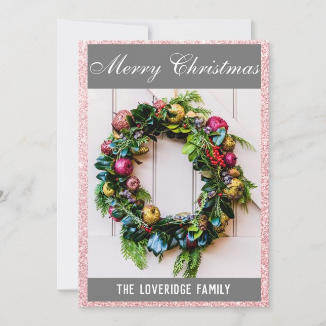 Festive Merry Christmas Wreath Rose Gold Glitter Holiday Card (Front)